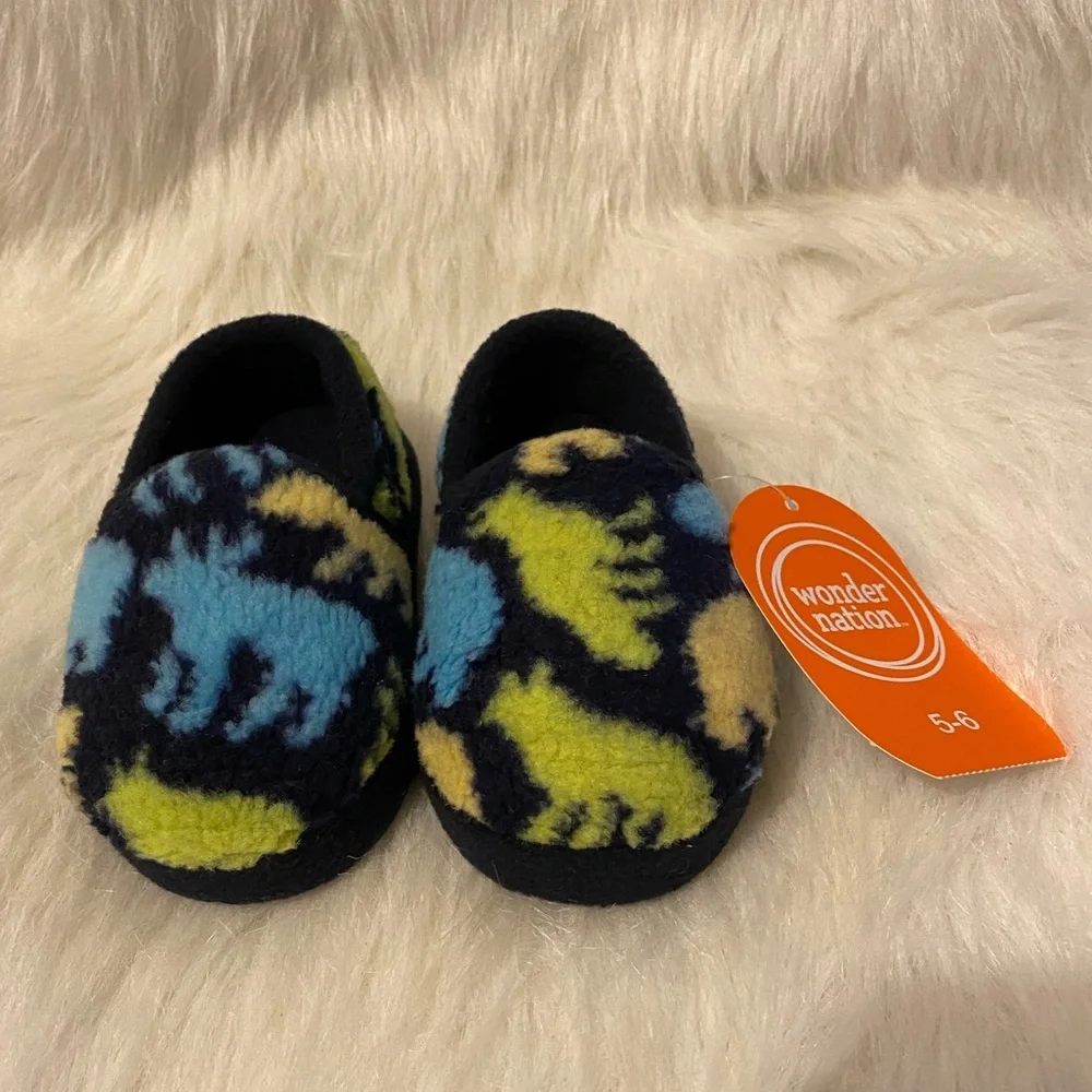 Wonder Nation Slippers Boys Size 5-6 Blue Forest Animals Slip On Shoes‎